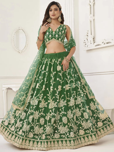 Fabulous Green Sequins Net Wedding Wear Lehenga Choli With Dupatta